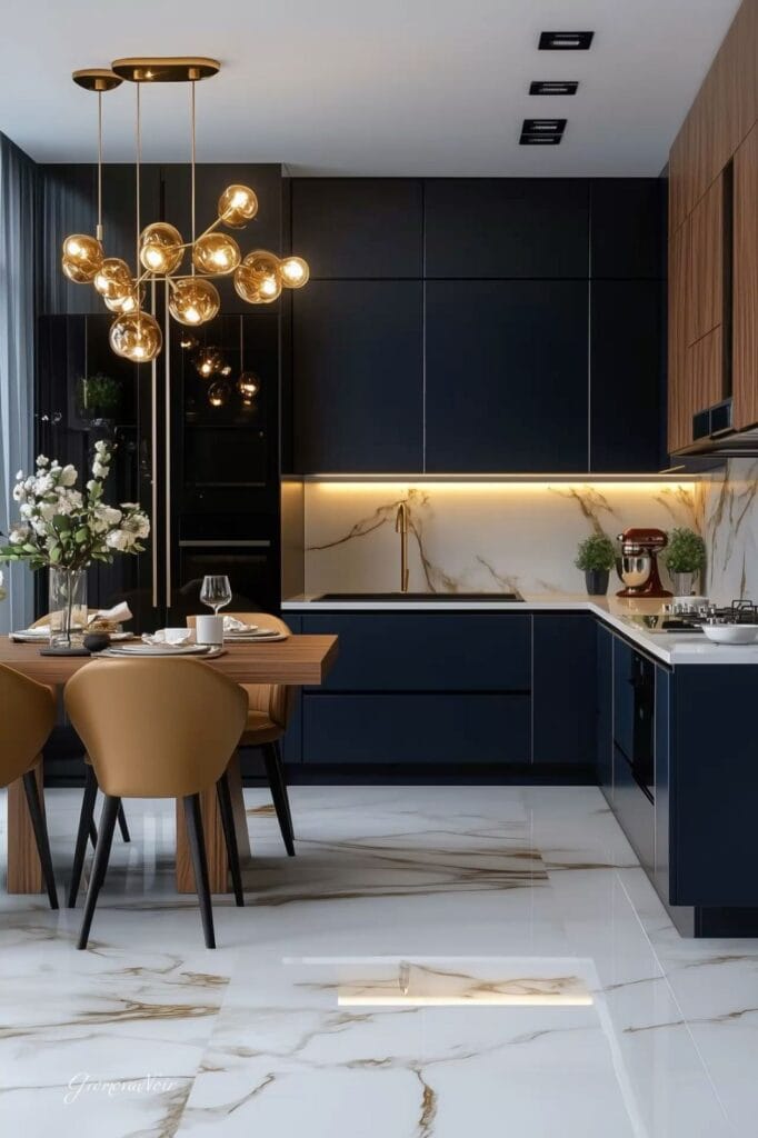 თანამედროვე სამზარეულოს ინტერიერი მაღალი ხარისხის მასალებით, ფუნქციური განლაგებით და დახვეწილი დიზაინით.