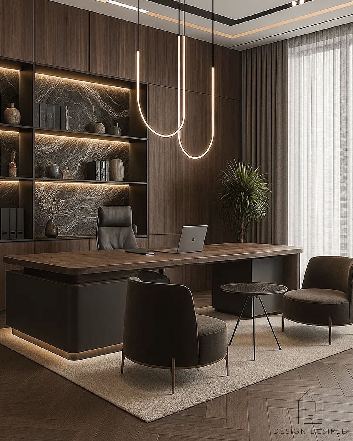 Office Furniture-საოფისე მაგიდა და თაროები განათებით დაშპონილი MDF მასალით